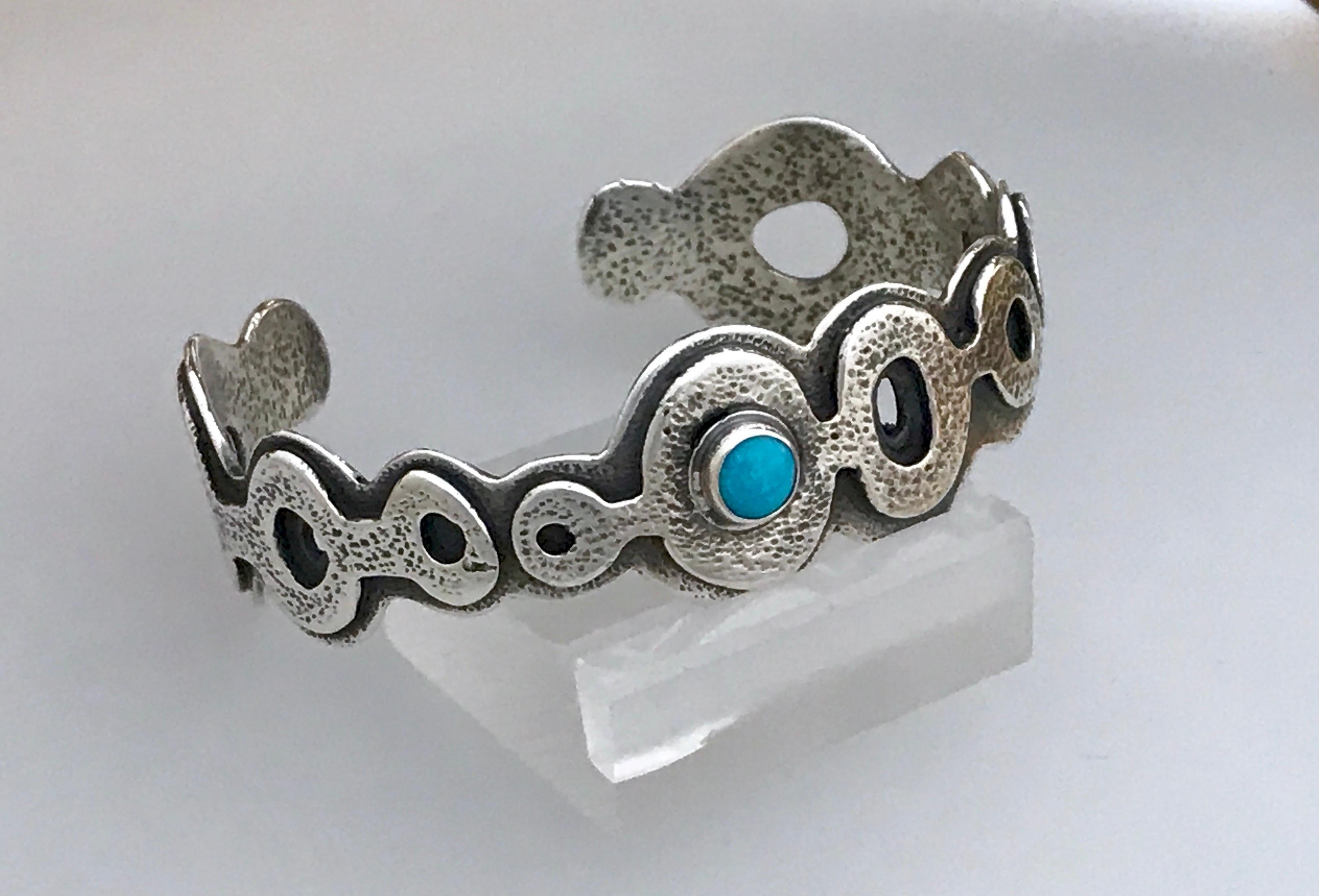 Cabochon Spirit Pond bracelet, by Melanie Yazzie, Sleeping Beauty Turquoise, cast, silver For Sale