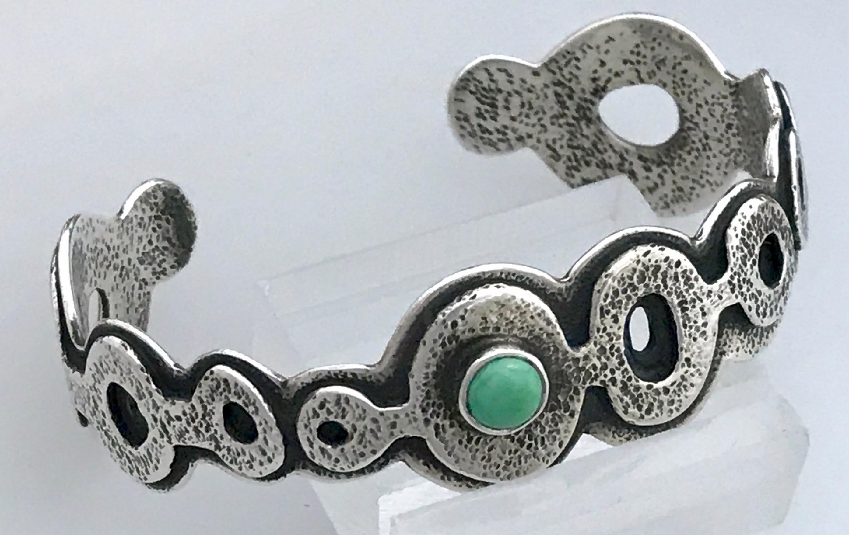 Cabochon Spirit Pond bracelet Persian Turquoise Melanie Yazzie Silver Navajo cast silver For Sale