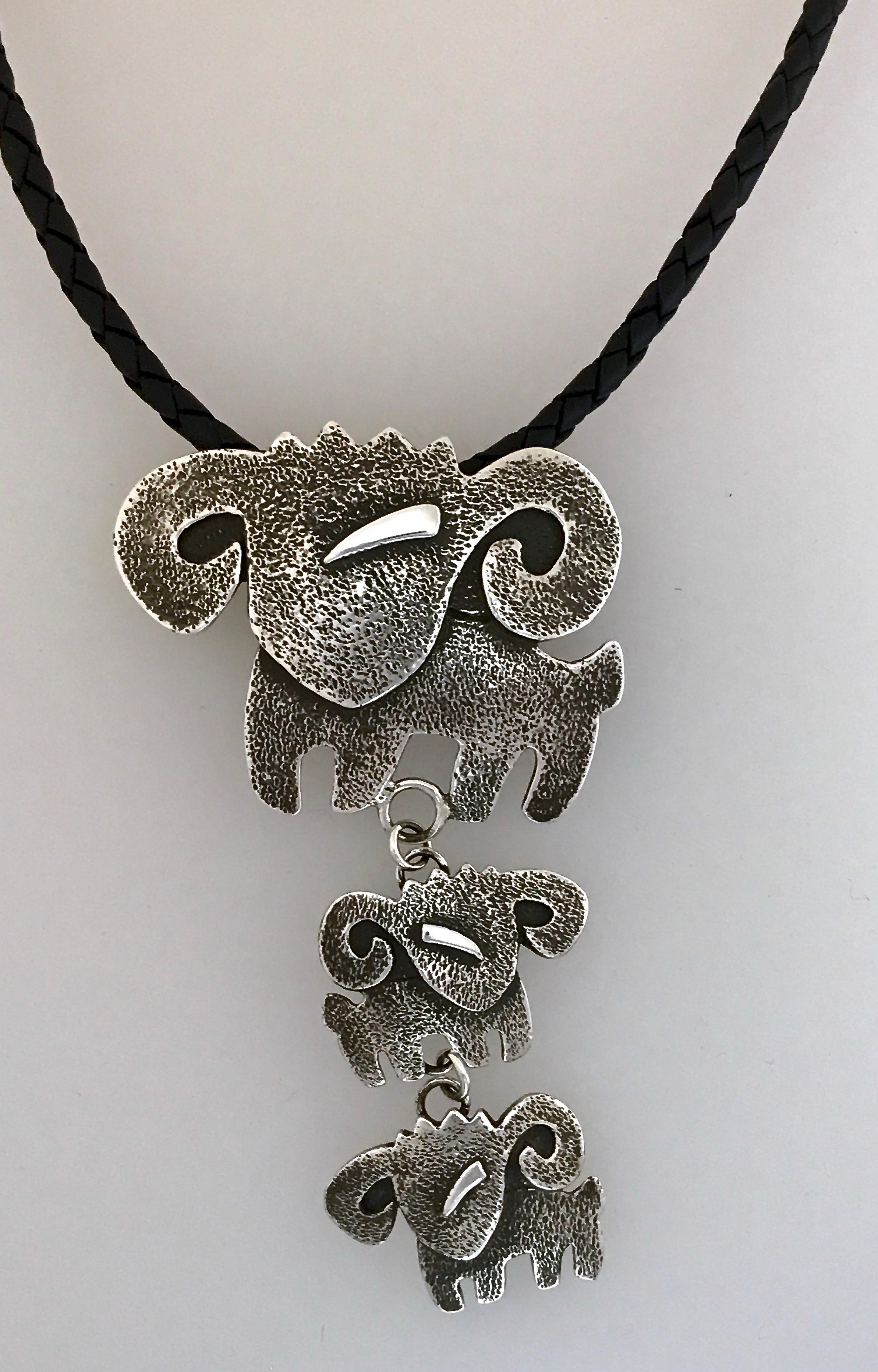 Women's or Men's Ram drop pendant, by Melanie Yazzie, cast, sterling silver, Navajo, necklace For Sale