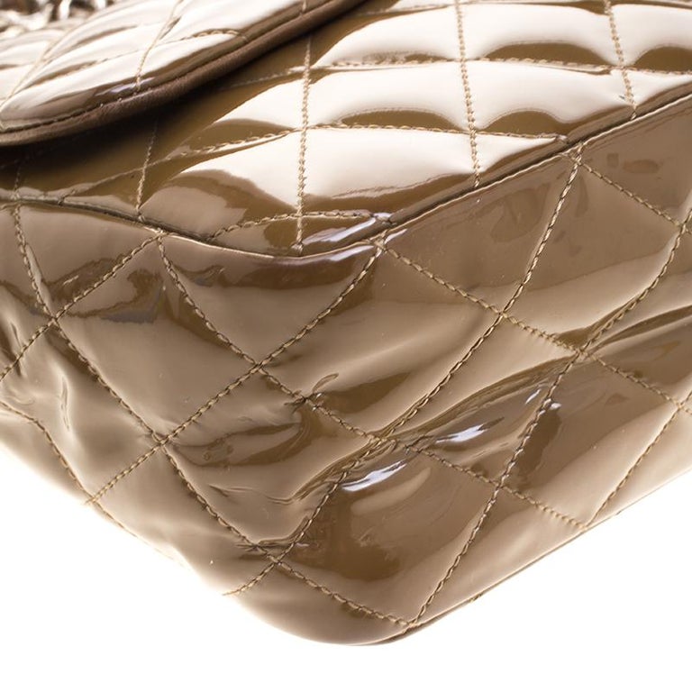 Chanel Olive Green Quilted Patent Leather Jumbo Classic Single Flap Bag