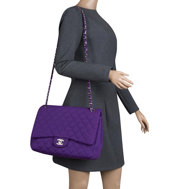 Chanel Purple Quilted Jersey Maxi Classic Single Flap Bag In Good Condition In Dubai, Al Qouz 2