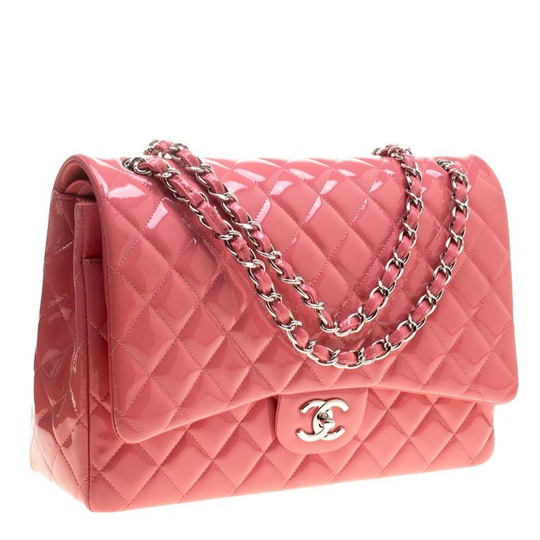 Chanel Pink Quilted Patent Leather Maxi Classic Double Flap Bag at ...