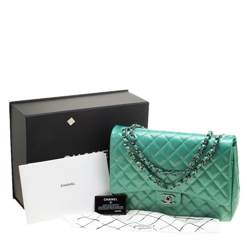 Chanel Green Quilted Patent Leather Maxi Classic Double Flap Bag 1