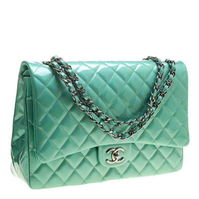 Chanel Green Quilted Patent Leather Maxi Classic Double Flap Bag 2