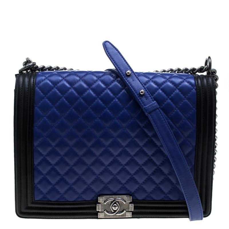 Chanel Blue/Black Quilted Leather Large Boy Flap Bag