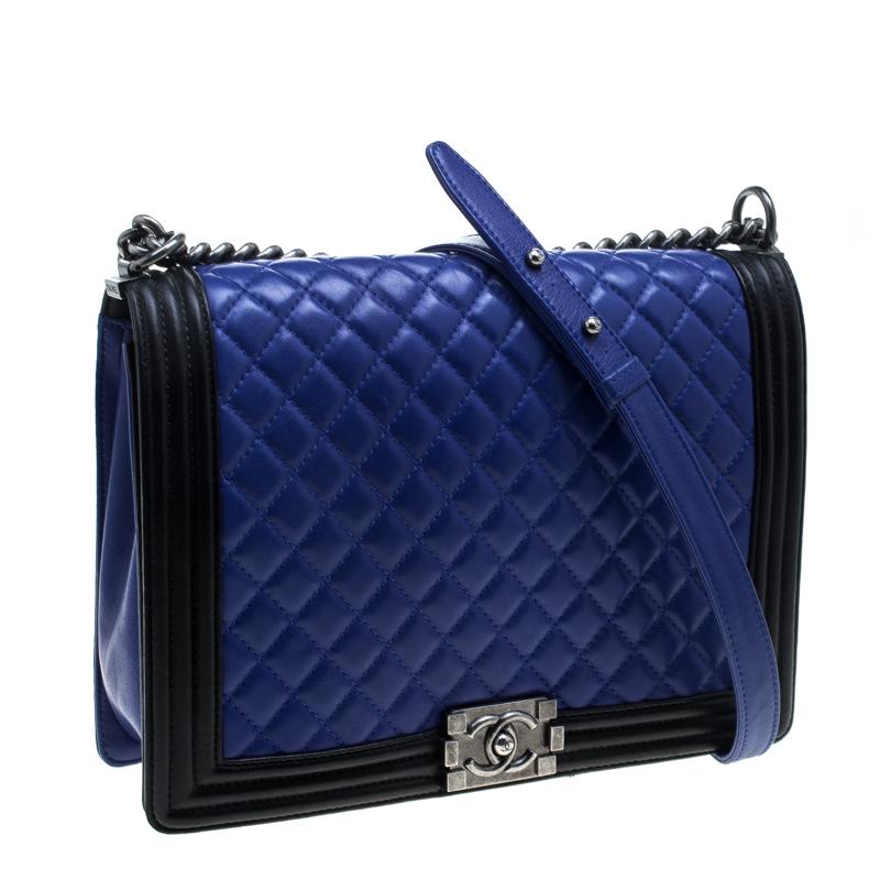 Chanel Blue/Black Quilted Leather Large Boy Flap Bag 1
