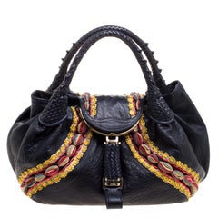 Used Fendi Dark Blue Leather Embroidered Limited Edition Spy Bag