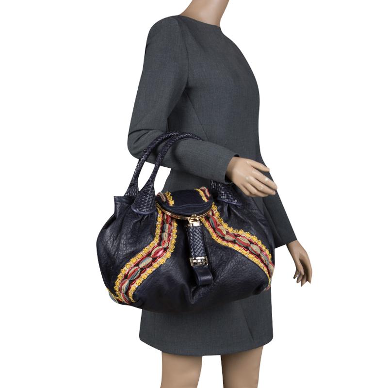 Black Fendi Dark Blue Leather Embroidered Limited Edition Spy Bag