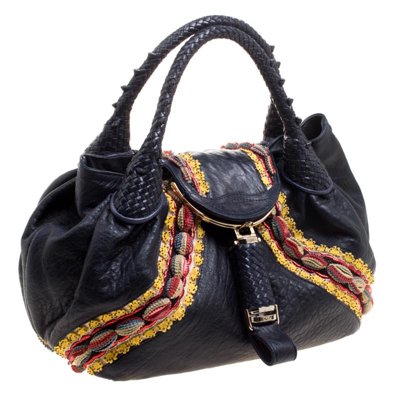 Women's Fendi Dark Blue Leather Embroidered Limited Edition Spy Bag