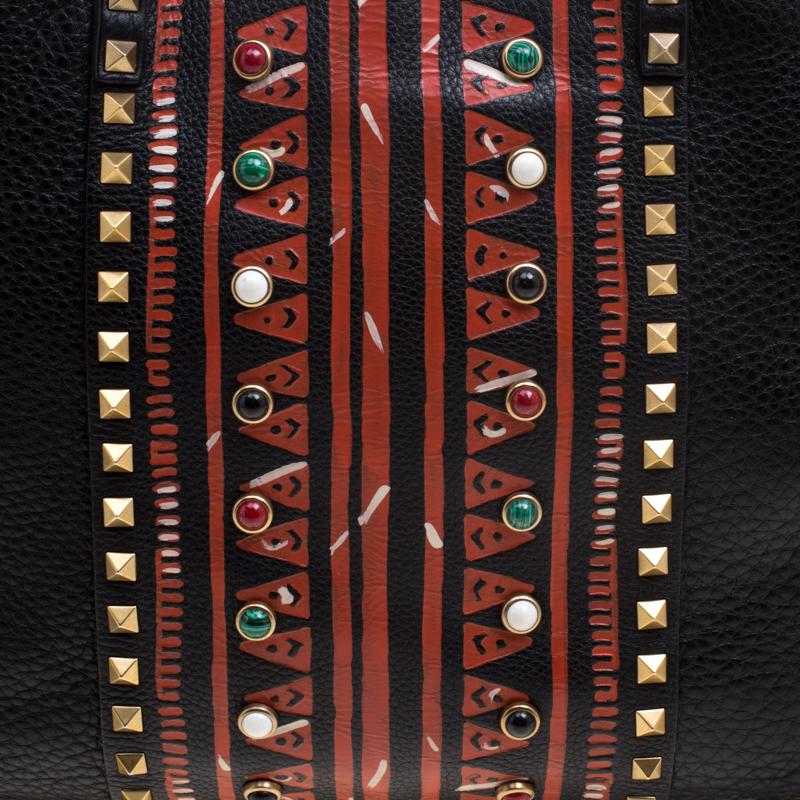Valentino Black Leather Tribal Print Medium Rockstud Convertible Tote 5