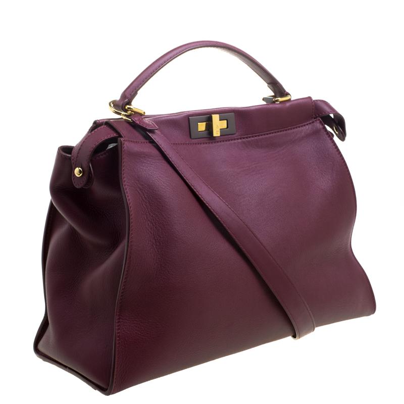 Fendi Burgundy Leather Large Peekaboo Top Handle Bag In Good Condition In Dubai, Al Qouz 2