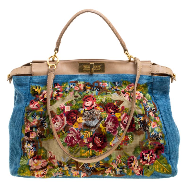 Fendi Blue/Beige Fabric Large Cross Stitch Peekaboo Bag