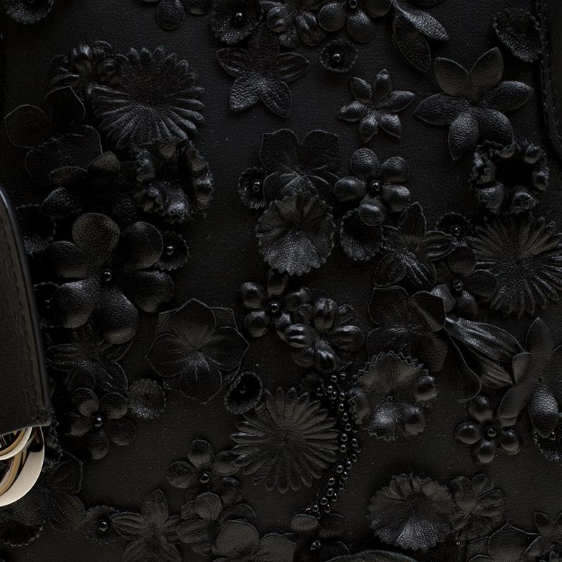 Dior Black Leather Medium Floral Applique Dior Bar Tote 2