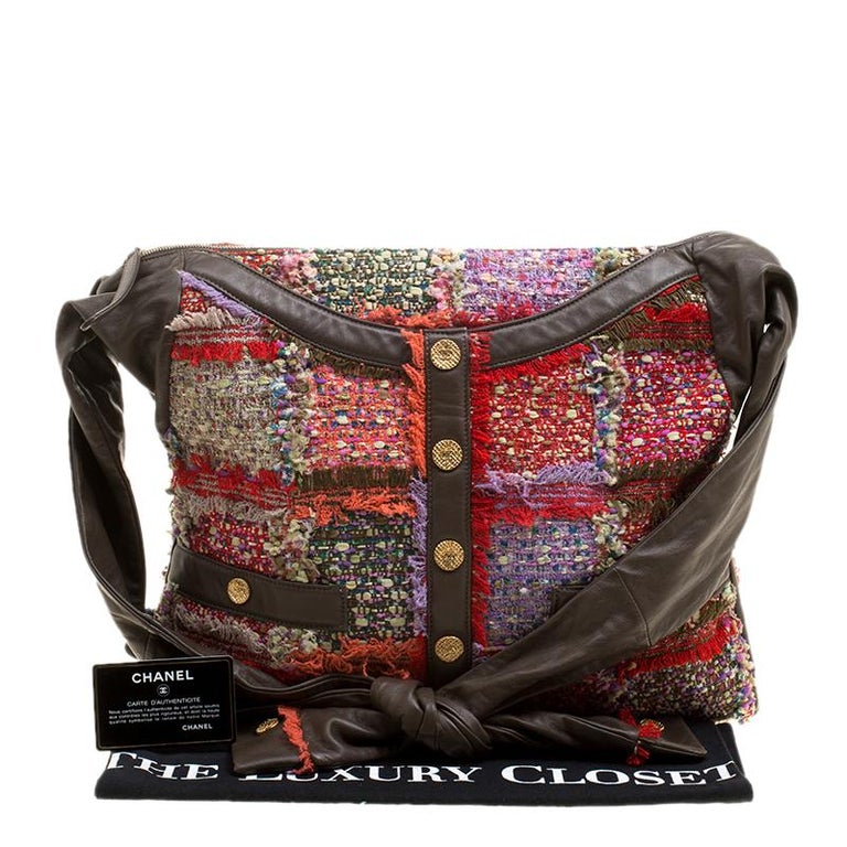 Chanel Khaki/Multicolor Tweed Fringe and Leather Large Girl Bag at 1stDibs