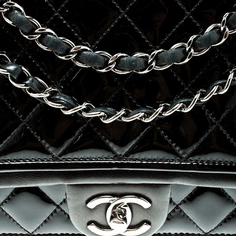 Chanel Black Quilted Patent Leather Classic Flap Bag 7