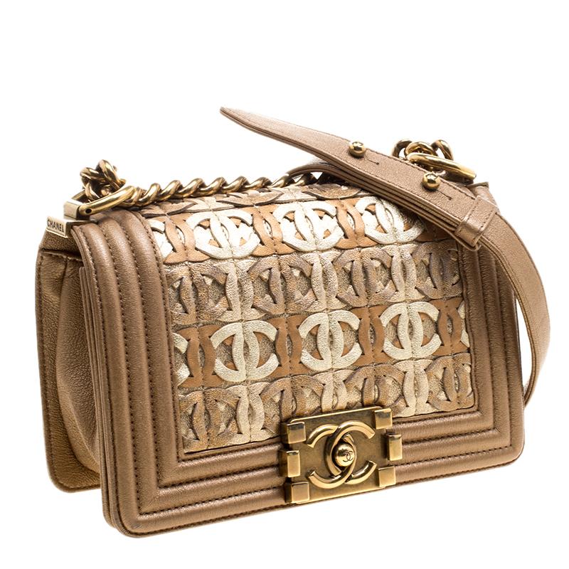 Women's Chanel Bronze Leather CC Cutout Small Boy Flap Bag