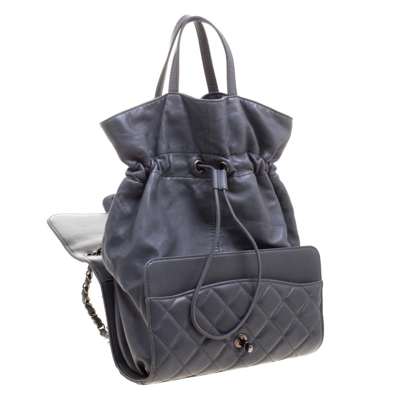Chanel Grey Quilted Leather Classic Drawstring Flap Shoulder Bag 3