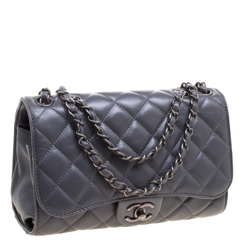 Chanel Grey Quilted Leather Classic Drawstring Flap Shoulder Bag 4