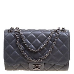 Chanel Grey Quilted Leather Classic Drawstring Flap Shoulder Bag