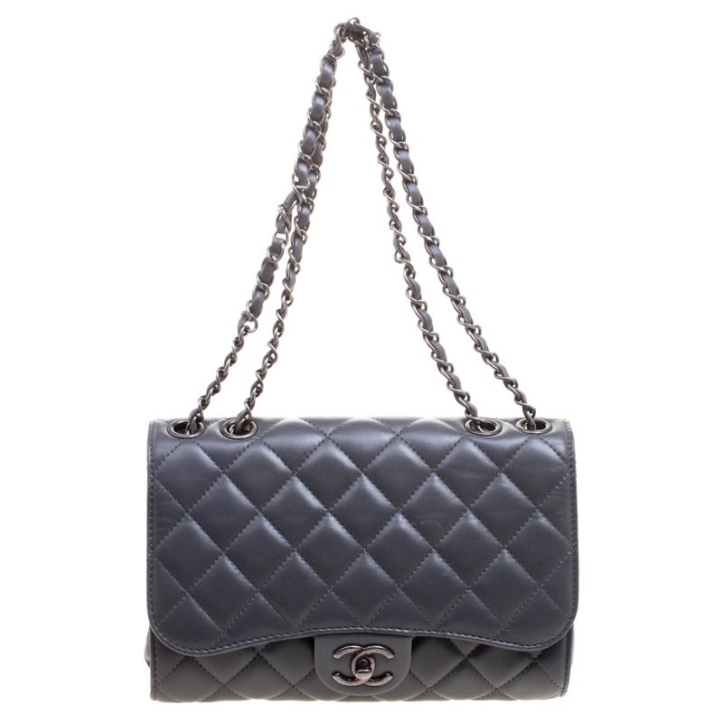 Chanel Grey Quilted Leather Classic Drawstring Flap Shoulder Bag 6