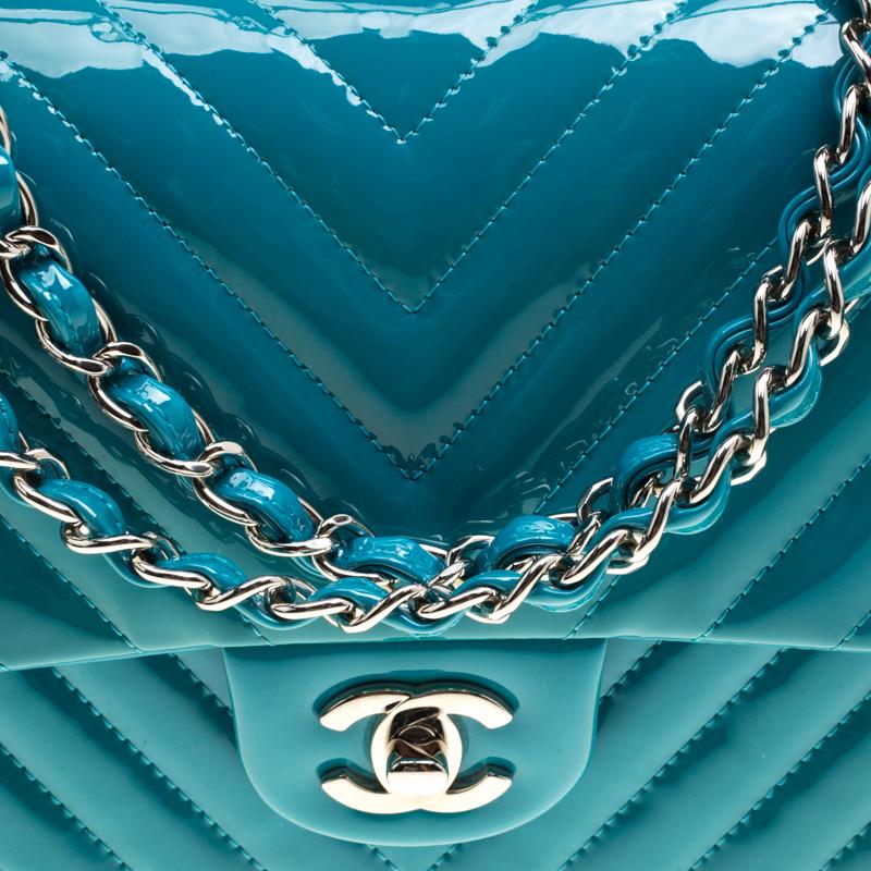 Women's Chanel Turquoise Quilted Patent Leather Small Chevron Classic Double Flap Bag