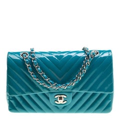 Chanel Turquoise Quilted Patent Leather Small Chevron Classic Double Flap Bag