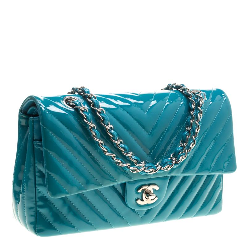 Chanel Turquoise Quilted Patent Leather Small Chevron Classic Double Flap Bag 4