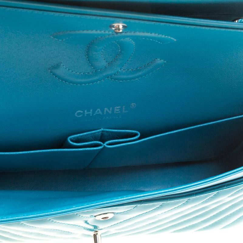 Chanel Turquoise Quilted Patent Leather Small Chevron Classic Double Flap Bag 6