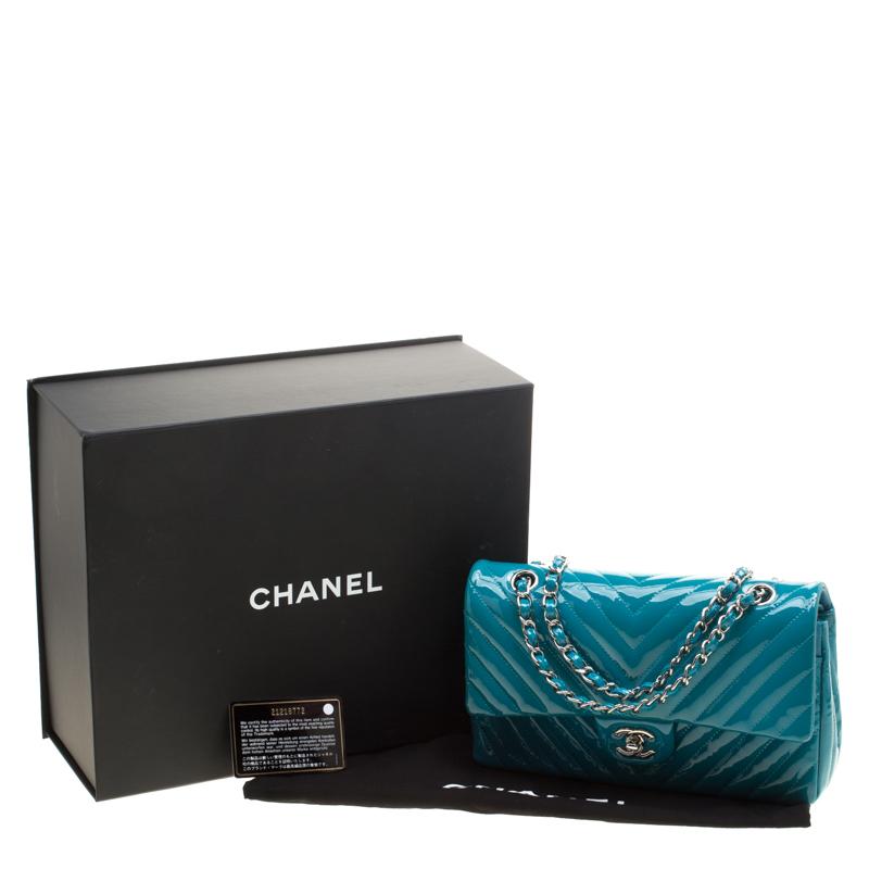 Chanel Turquoise Quilted Patent Leather Small Chevron Classic Double Flap Bag 7