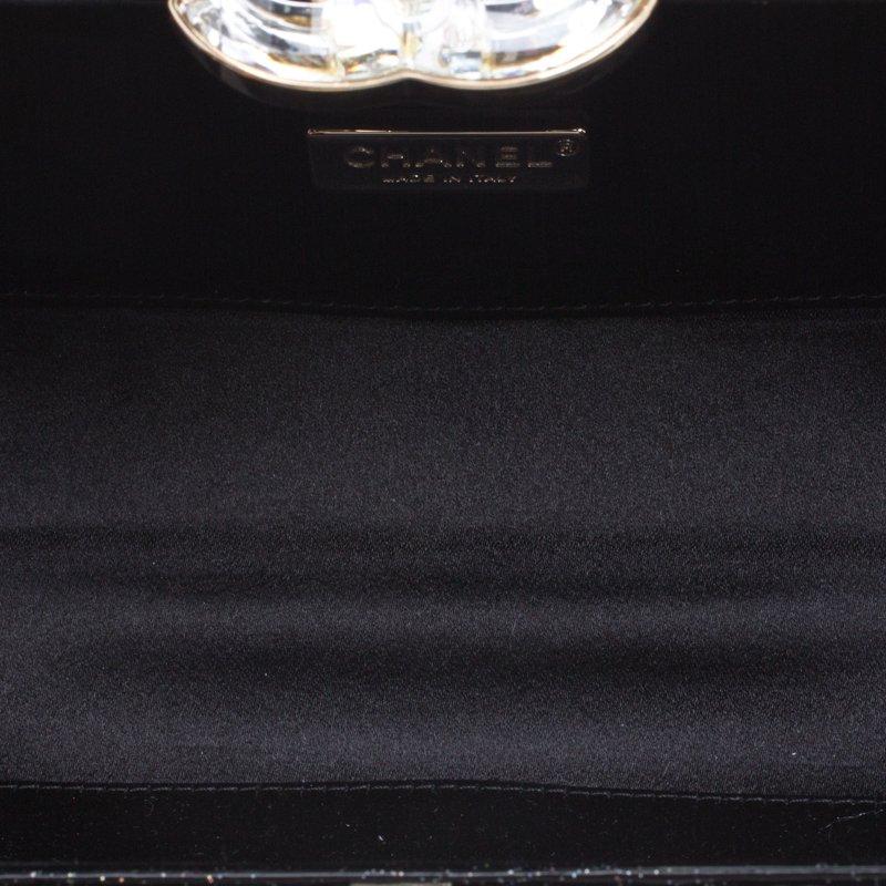 Chanel Black Glitter Leather Crystal Jewel Charm Kiss Lock Minaudière Clutch 2