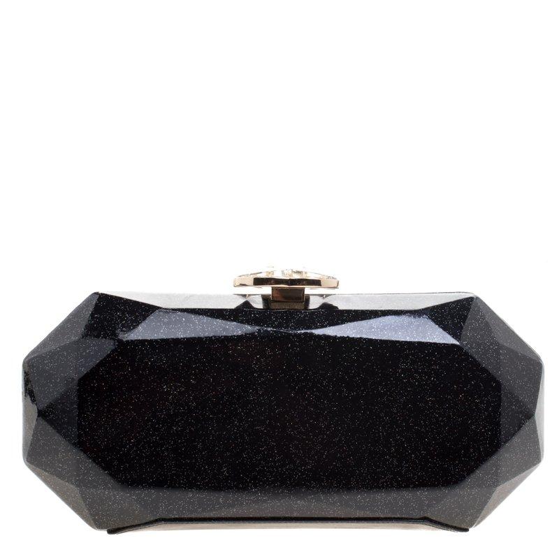 Chanel Black Glitter Leather Crystal Jewel Charm Kiss Lock Minaudière Clutch