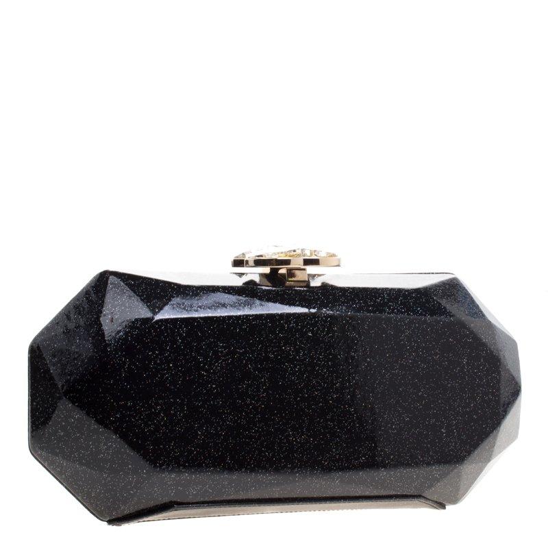 Chanel Black Glitter Leather Crystal Jewel Charm Kiss Lock Minaudière Clutch 8