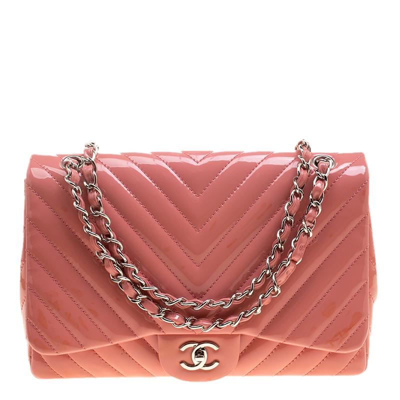 Chanel Peach Pink Quilted Patent Leather Chevron Jumbo Classic Flap Bag