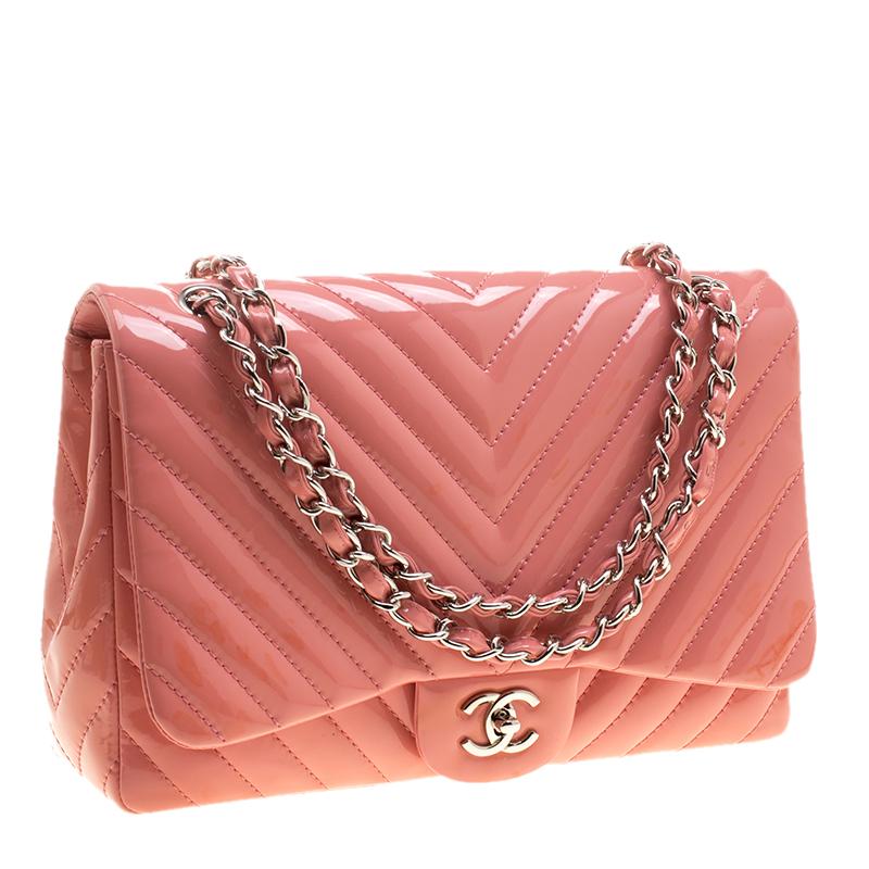 Chanel Peach Pink Quilted Patent Leather Chevron Jumbo Classic Flap Bag 1