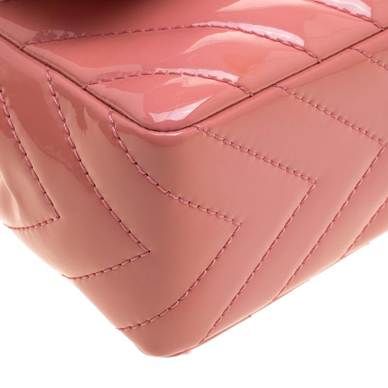 Chanel Peach Pink Quilted Patent Leather Chevron Jumbo Classic Flap Bag 2