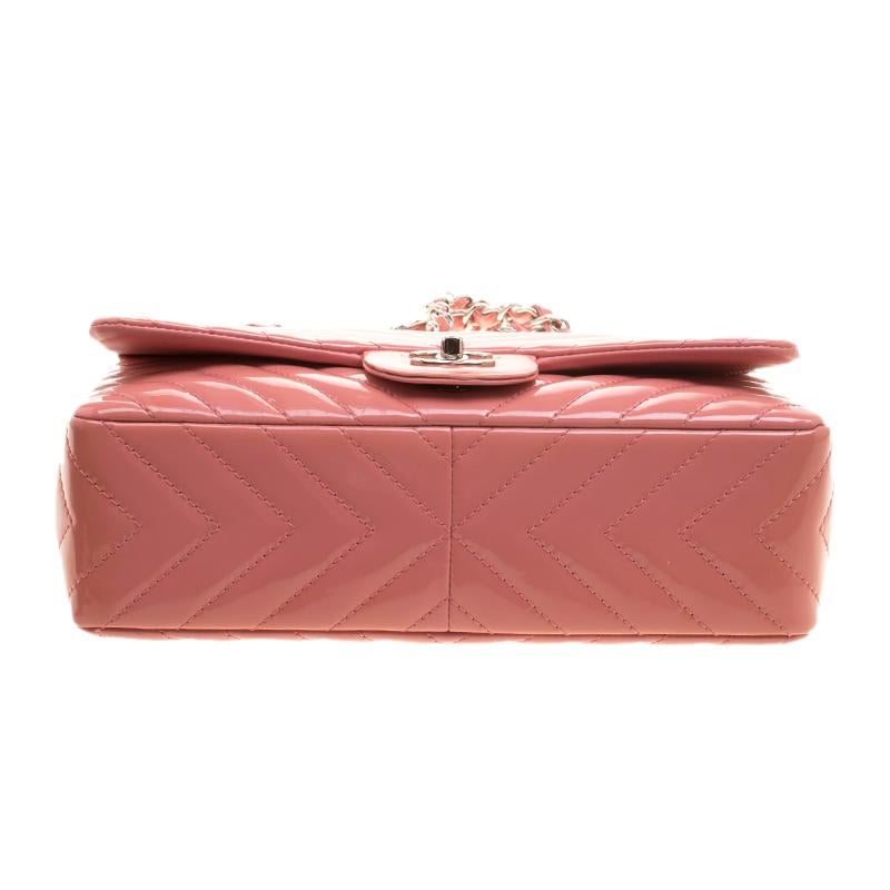 Chanel Peach Pink Quilted Patent Leather Chevron Jumbo Classic Flap Bag 3