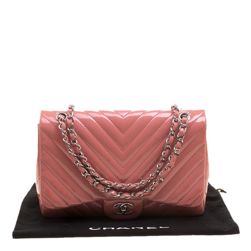 Chanel Peach Pink Quilted Patent Leather Chevron Jumbo Classic Flap Bag 5