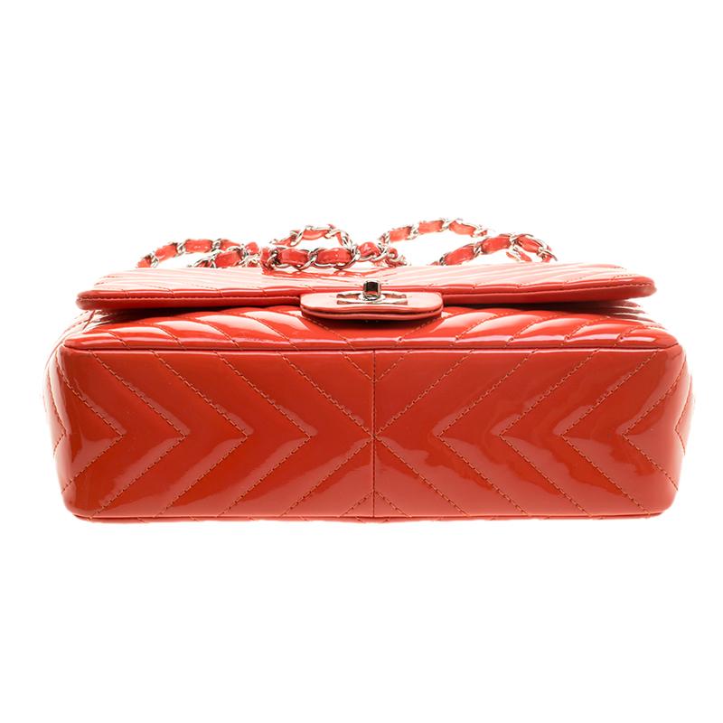 Chanel Coral Quilted Patent Leather Chevron Jumbo Classic Flap Bag 5