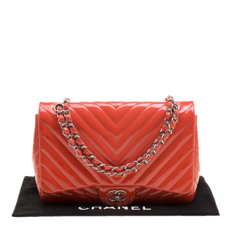 Chanel Coral Quilted Patent Leather Chevron Jumbo Classic Flap Bag 6
