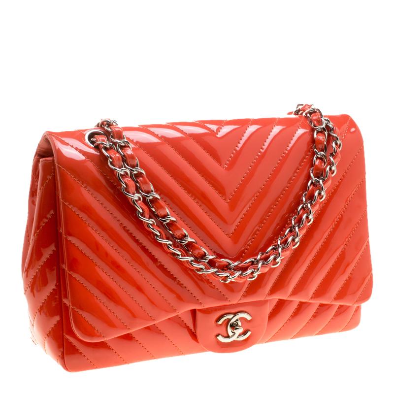 Women's Chanel Coral Quilted Patent Leather Chevron Jumbo Classic Flap Bag