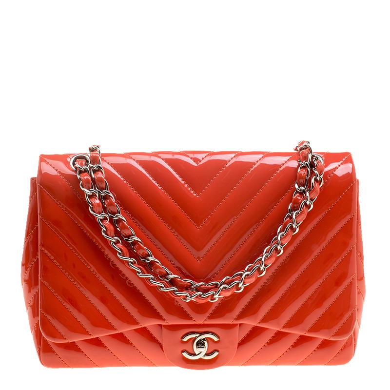 Chanel Coral Quilted Patent Leather Chevron Jumbo Classic Flap Bag