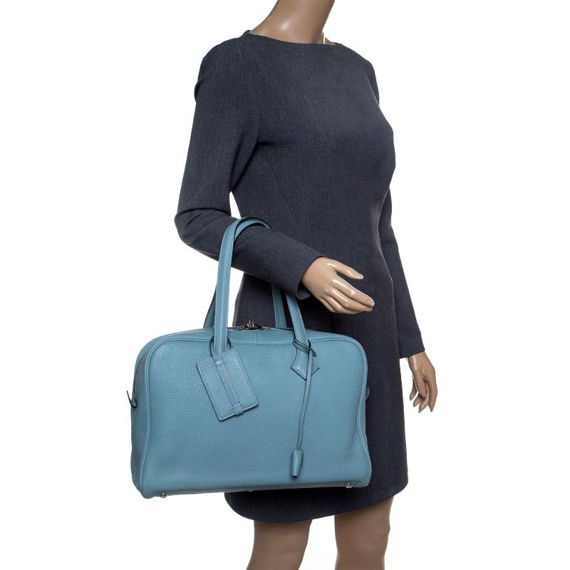 Blue Hermes Ciel Togo Leather Palladium Hardware Victoria II Fourre Tout 35