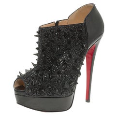 Christian Louboutin Black Patent Bridget's Back Spike Peep Toe Ankle Boots Size 