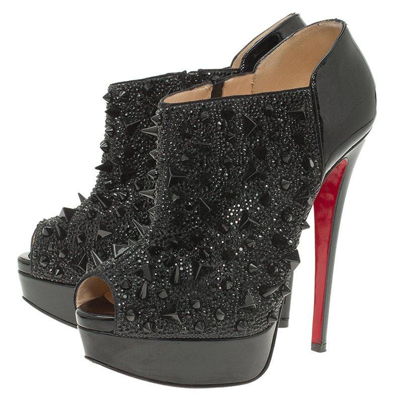 Women's Christian Louboutin Black Patent Bridget's Back Spike Peep Toe Ankle Boots Size 