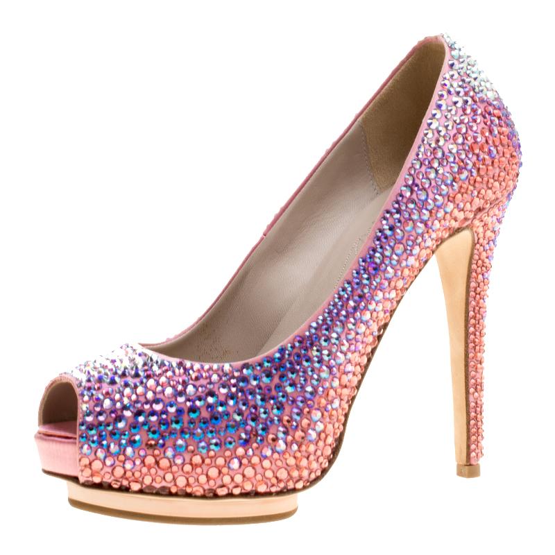 Le Silla Pink Satin and Crystal Embellishment Limited Edition Peep Toe Pumps Siz
