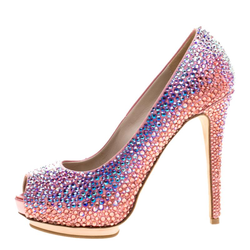 Women's Le Silla Pink Satin and Crystal Embellishment Limited Edition Peep Toe Pumps Siz
