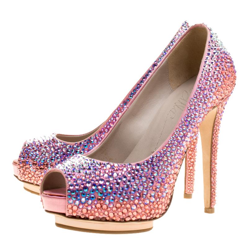 Le Silla Pink Satin and Crystal Embellishment Limited Edition Peep Toe Pumps Siz 1
