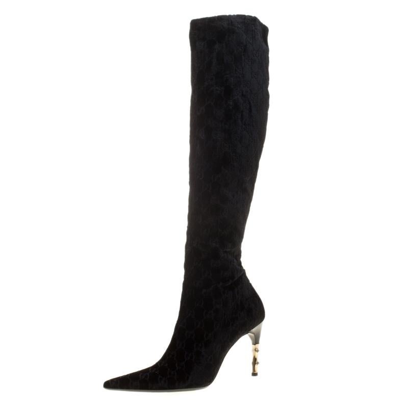 Gucci Black GG Velvet Bamboo Heel Knee High Boots Size at 1stDibs | boots gucci bamboo, gucci velvet boots, velvet boots knee high