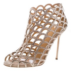 Sergio Rossi Beige Crystal Embellished Scalloped Suede Peep Toe Caged Booties Si