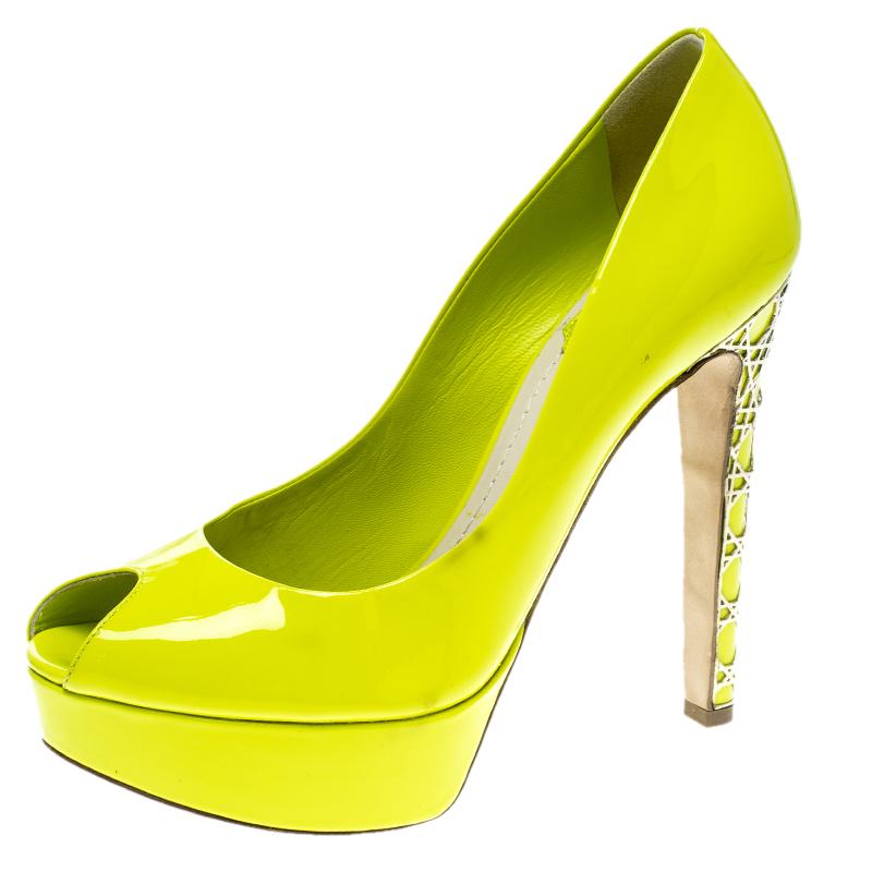 Dior Lime Green Patent Leather Peep Toe Cannage Heel Platform Pumps Size 37.5